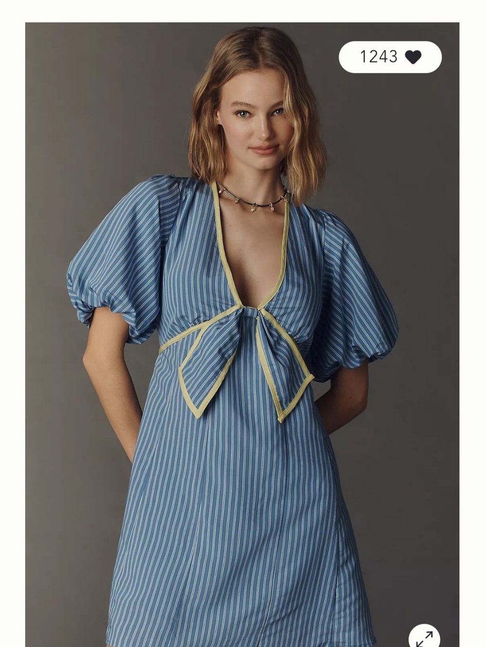 Anthropologie Blue Stripe Puff Sleeve  Dress With Yellow Bow Accent